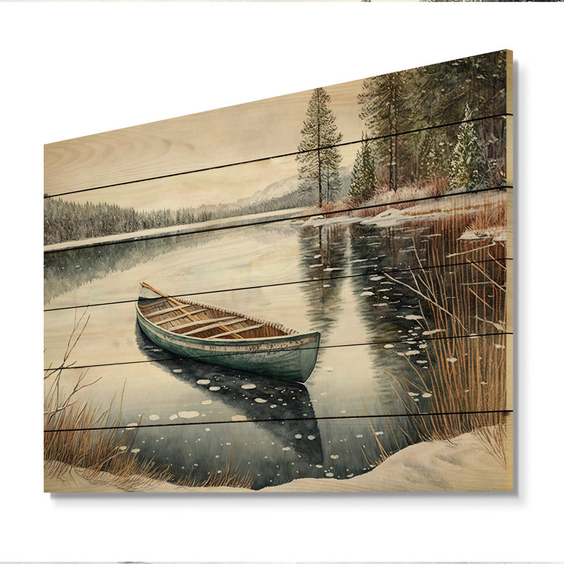 Marisela, scène d'hiver avec canot IV - impression sur bois sans cadre, H 16 po x l 32 po x P 1 po