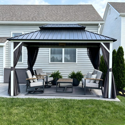 Purple Leaf 10' X 14' Hardtop Gazebo Outdoor Double Roof Gazebo White Aluminum Frame Pavilion With Curtain And Netting For Patio, Garden And Backyard, Grey