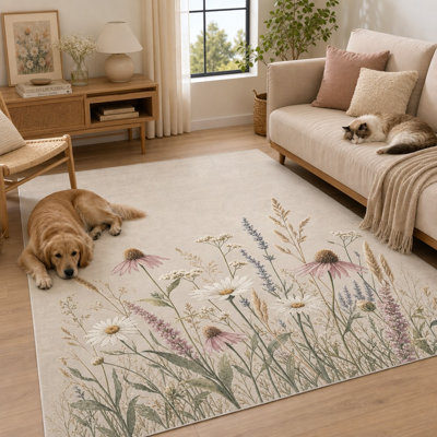 1Pcs Floral Meadow Design Rug - Washable, Easy to Clean, Large Thin with Non-Slip Backing for Living Room, Bedroom, Kitchen, and Office Indoor Use for home detor