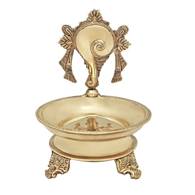 7" Superfine Brass Conch Wick Lamp - Vaishnava Panchajanya Symbol Hoysala Diya, Ritual Oil Lighting for Home Altars & Spiritual Décor​