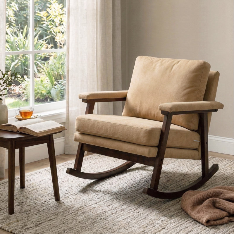 Chaise berçante moderne avec structure en bois massif et coussin moelleux, Kaki
