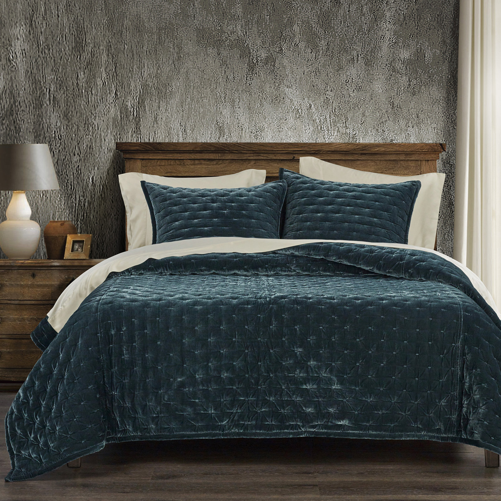 Stella Faux Silk Velvet Classic Chic Modern Rustic Romantic Western Quilt Set, Queen Quilt + 2 Standard Shams, Storm Blue