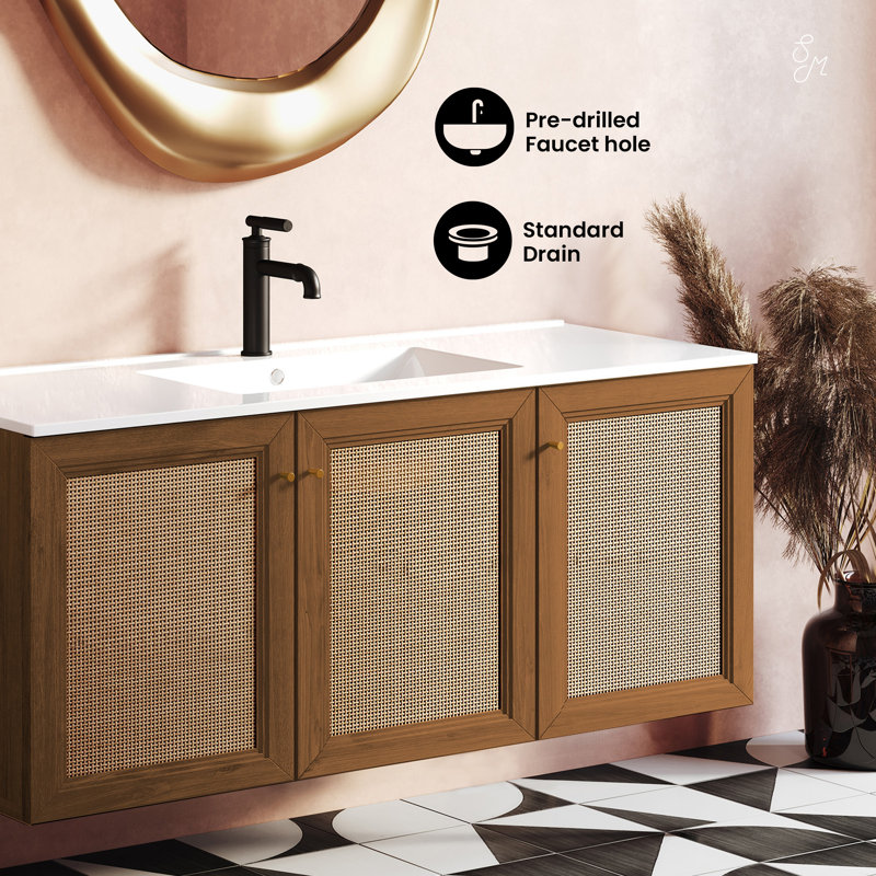 Meuble-lavabo mural 48 po Classe, Blanc, Chêne brun, Trou unique