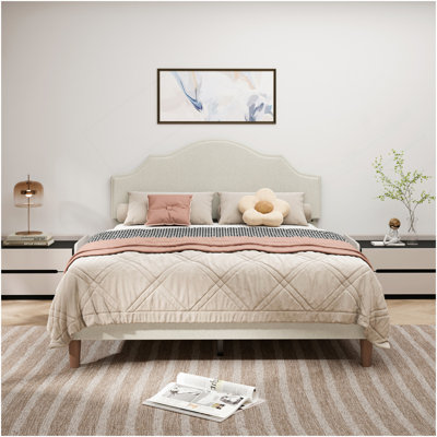 Queen Size Bed Frame Upholstered Platform Bed With Adjustable Headboard,Linen Fabric Padded,Modern Simple Style Platform Bed No Box Spring Needed, Easy Assembly, Beige