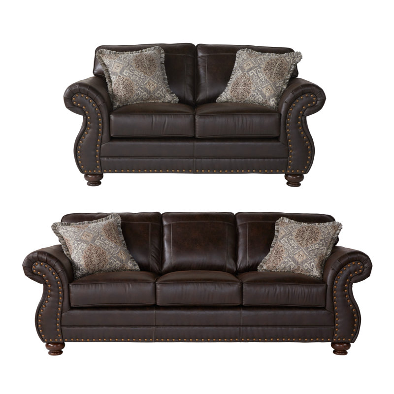 Modern Sofa Faux Leather Upholstered Nailhead Sofa And Loveseat Set