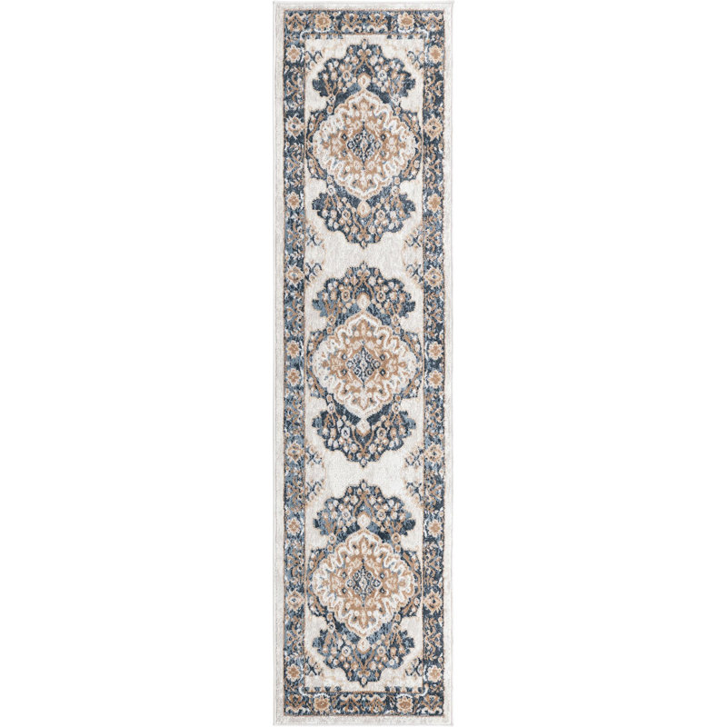 Tapis oriental en polypropylène tissé à la machine Octagon en ivoire / gris, Tapis de couloir 2 pi x 8 pi