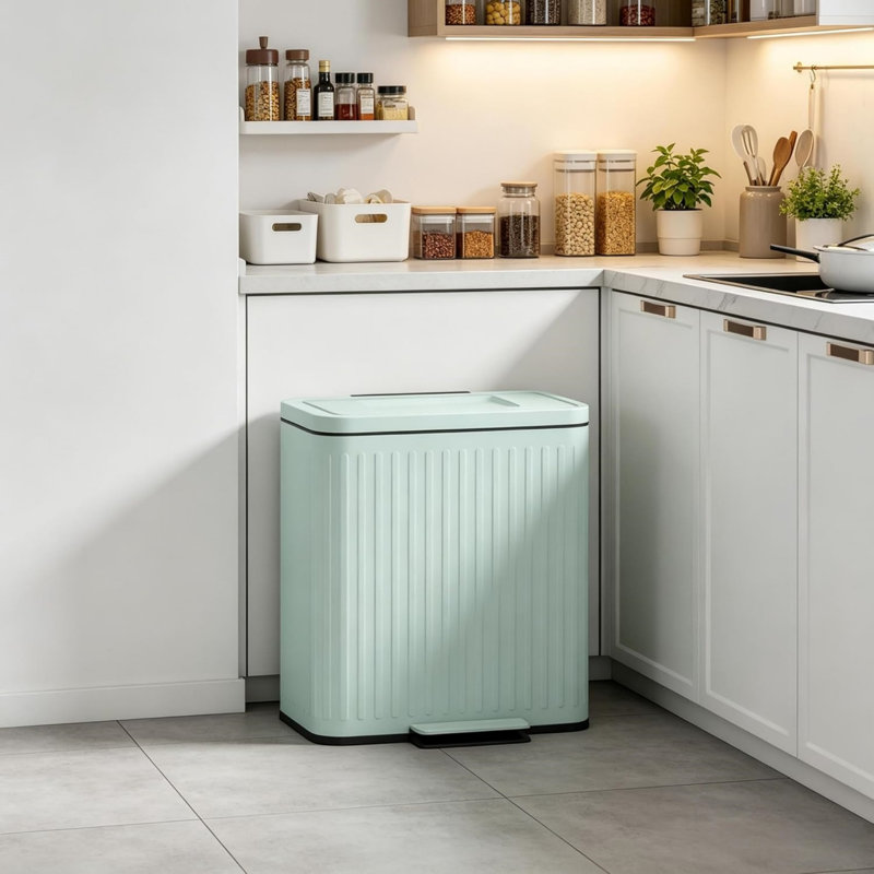 Poubelle double de 2 x 5,3 gallons (20 litres) à pédale, en métal vert pâle, avec couvercle à fermeture douce et seaux amovibles. Parfait pour la cuisine, le bureau et le vestibule.