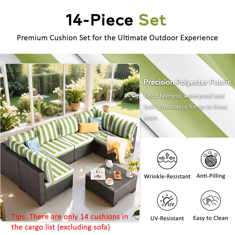 14-Piece Outdoor Sectional Cushions, Waterproof Seat/Back Cushion For Patio Furniture, 4" Thick Replacement Set