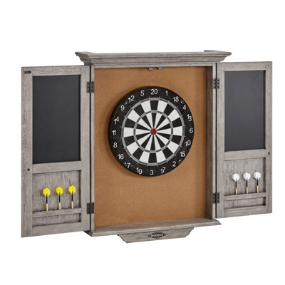 Brunswick Dartboard Cabinet - Solid Wood with Dart Storage, Antique Bronze Hardware, Rustic Gray Finish