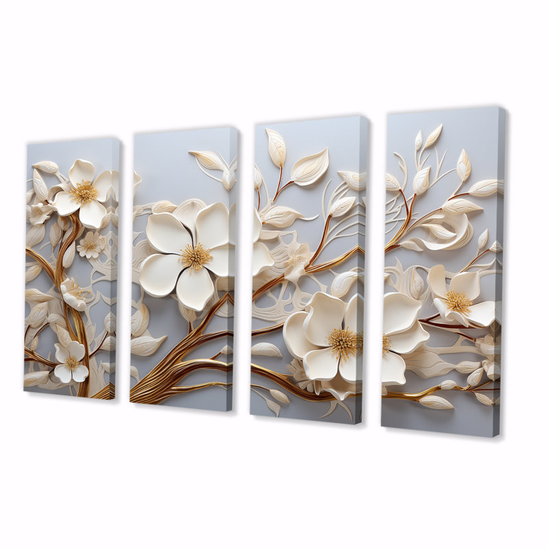 Orchidée blanche jardin de branches II - ensemble de 4 décorations murales florales abstraites, H 28 po x l 48 po