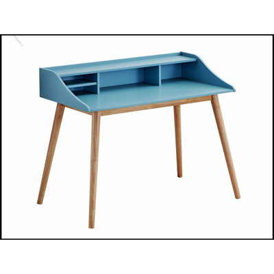 Roskilde Mid-Century Modern Wood Writing Desk with Hutch, Blue, for Enhanced Storage and Stylish Home Office Setup