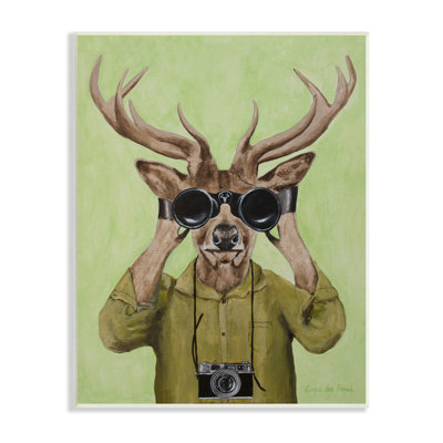 Stupell Industries Funny Cute Deer Binoculars Camera Painting Green Background By Coco De Paris - Painting In Wall Plaque