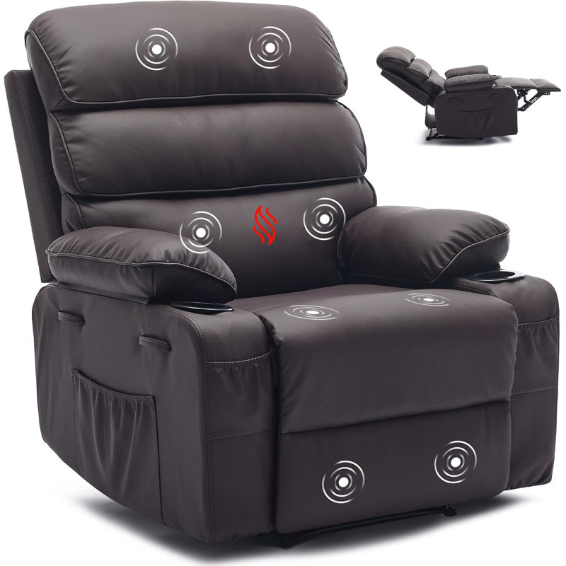 Extra Wide PU Leather Manual Recliner w/Massage & Heat, 350Lb Capacity, 3 Colors, Brown