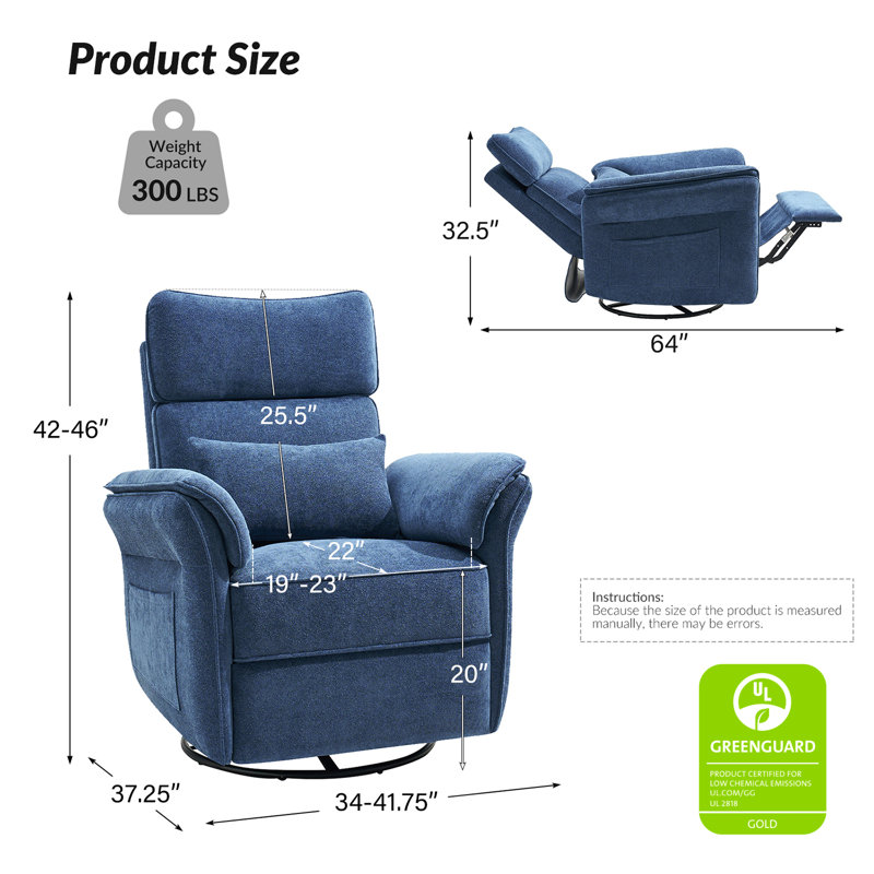 Beckette 41.75" Modern Swivel Glider Nursery Power Recliner with Adjustable Headrest, Navy