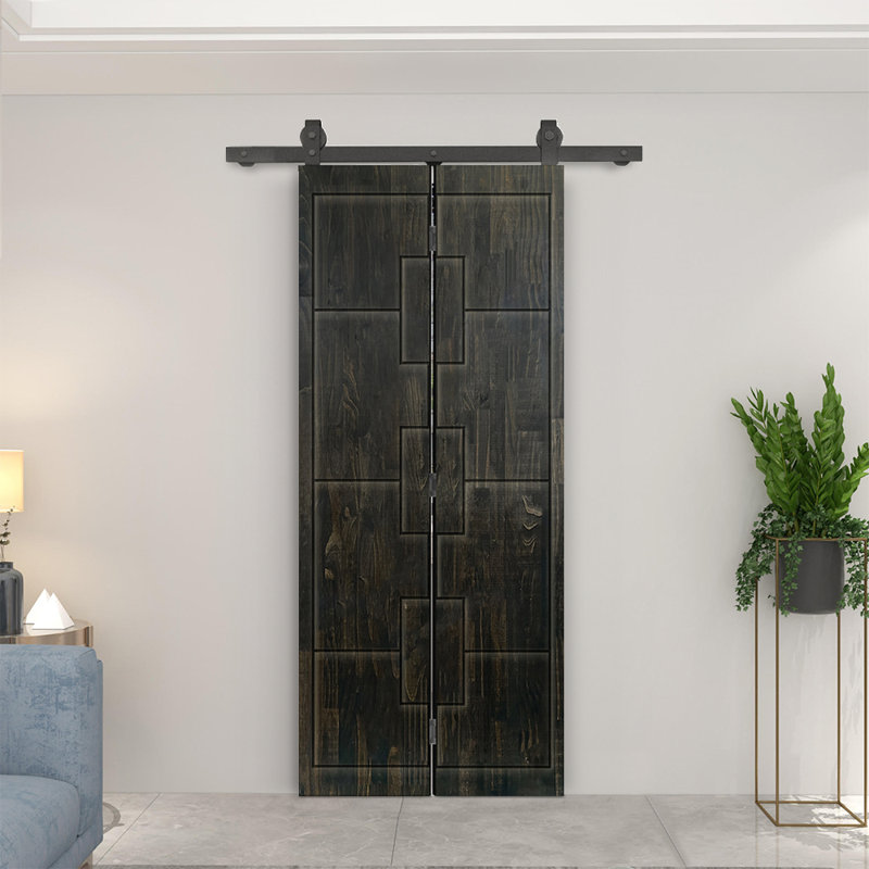 Porte de grange pliante en bois de pin avec quincaillerie coulissante, Noir anthracite, 22 po x 80 po