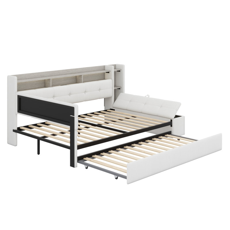 Upholstered Daybed with Storage Footstool, Shelves, Trundle, USB Charging & LED Light, Beige