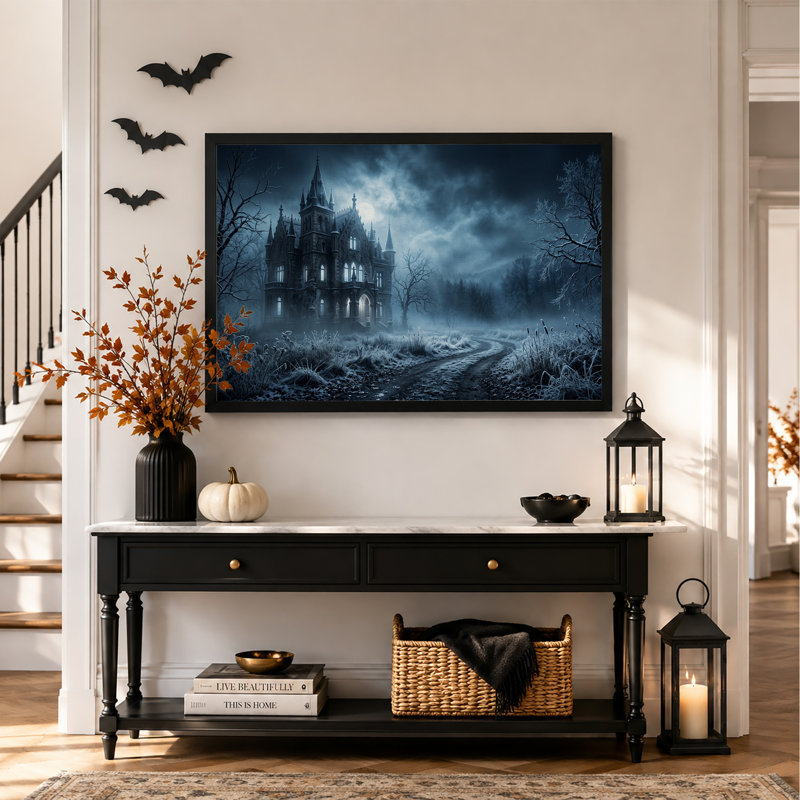 Château gothique au clair de lune sur un chemin sinueux et brumeux - Toile murale d'Halloween, H 24 po x l 36 po