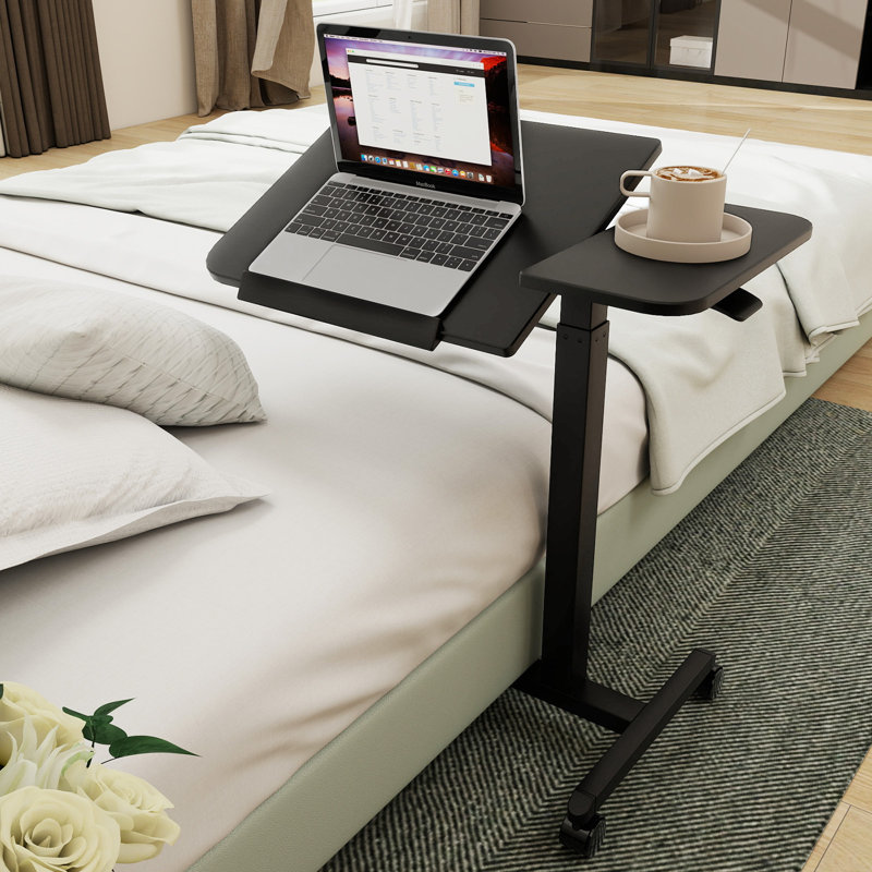 Adjustable Tilt Overbed Bedside Table With Wheels Mobile Laptop Standing Desk, Black