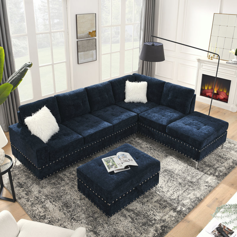 Canapé modulaire 3 pièces Ilish, Chenille bleu foncé