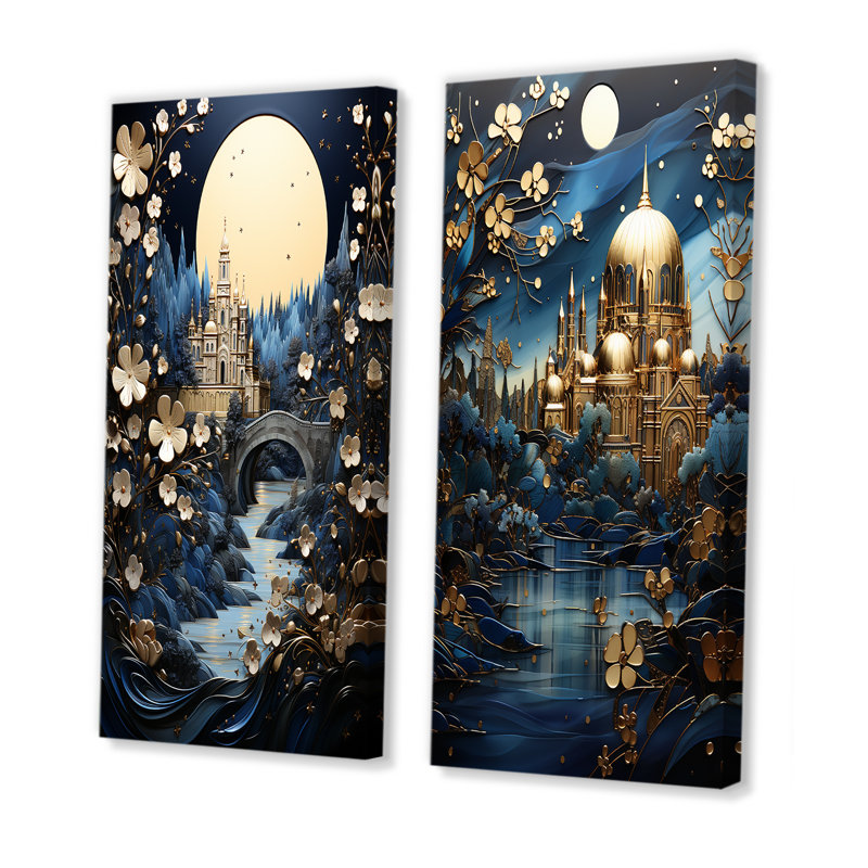 «Blue Glorious Byzantine Landscape I», ensemble d'art mural sur toile, H 28 po x l 25 po, Toile tendue