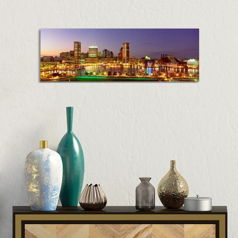 USA, Maryland, Baltimore, City At Night Viewed From Federal Hill Park - Wrapped Canvas Panoramic Print