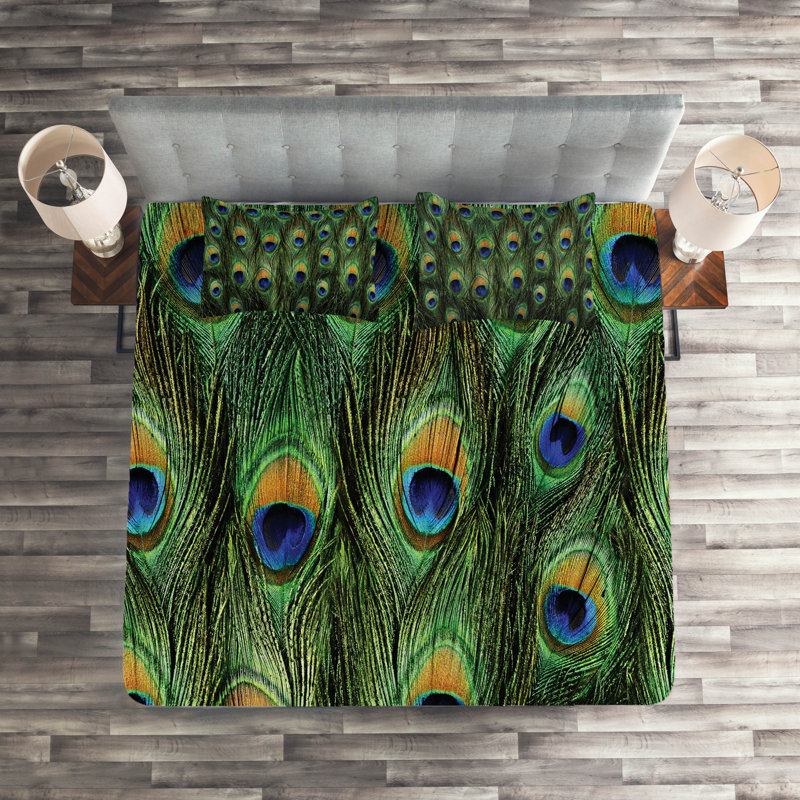 King Size Green Peacock Feather Quilted Bedspread Set