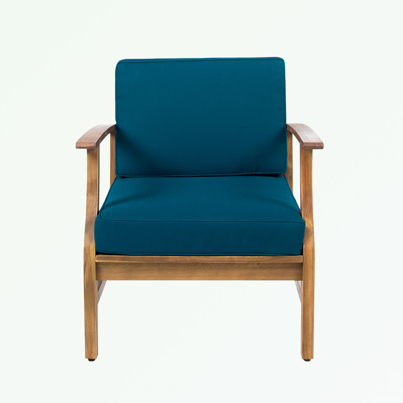 Patio wooden Lounge Chair with soft Cushions, Natural, Blue
