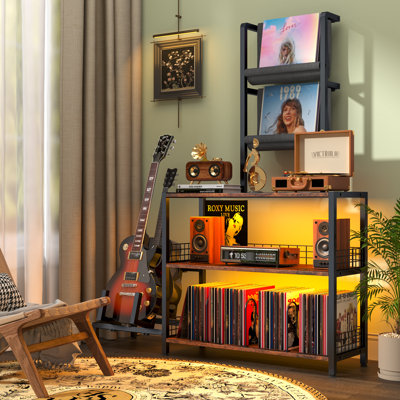 58" Tall Record Player Stand With Led Lights And Guitar Stand, Turntable Stand Record Player Cabinet Organizer Rack, 3-tier Record Player Table With V