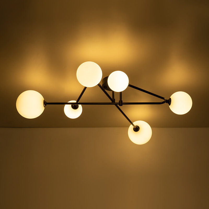 6 - Light Sputnik Glass Globe Linear Semi Flush Mount , Black