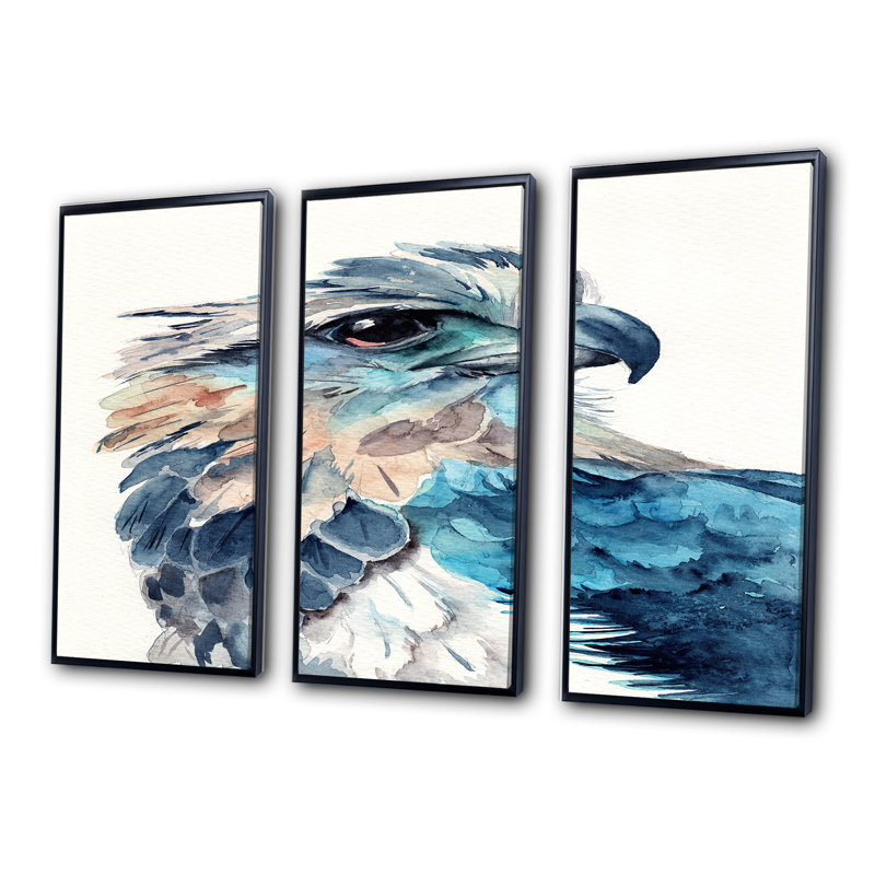 Portrait d'un aigle bleu - ensemble d'art mural sur toile traditionnel encadré de 3, L 36 po x H 28 po x P 1 po, Noir