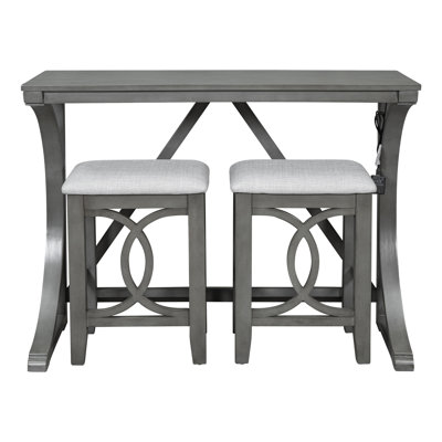 Ensemble de table de salle à manger à hauteur de comptoir 3 pièces Farmhouse avec ports de charge USB et Type-C, table de cuisine 47 po et 2 tabourets rembourrés, ensemble de bar rustique pour petits espaces