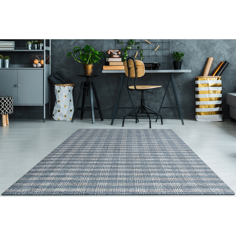 Tapis bleu en laine crocheté à la main Carreon, Rectangle 5 pi x 8 pi