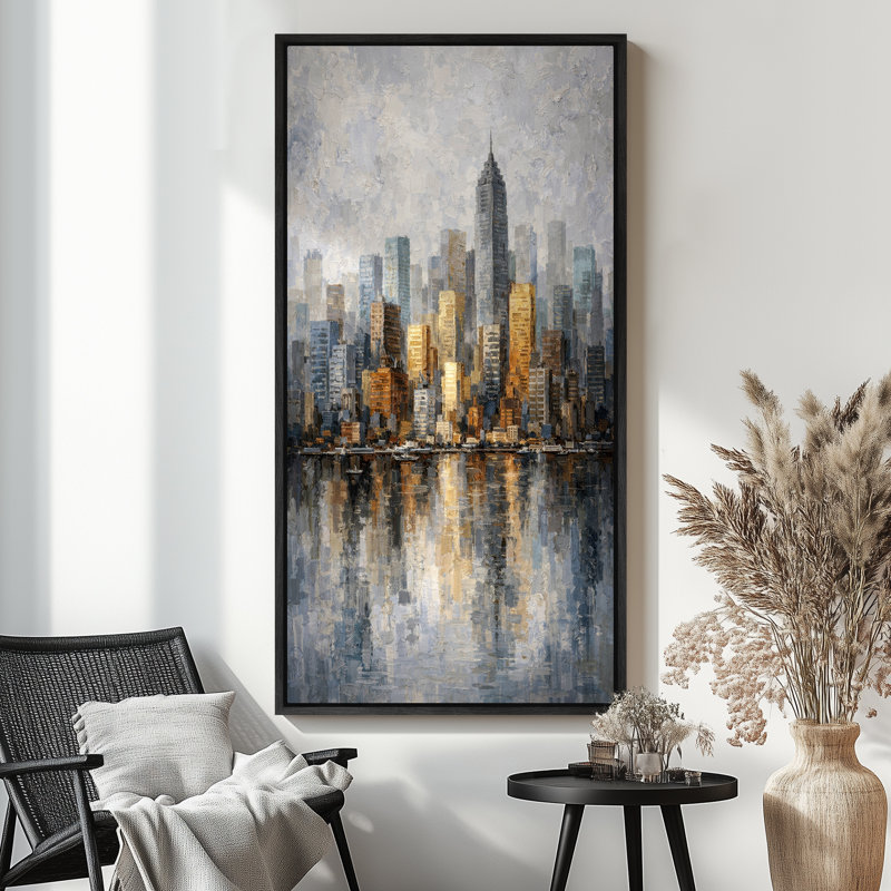 Modern City Skyline Reflection Blue Gray Urban Artwork Living Room Extra Extra, 60" H x 30" W x 1.5" D, Black
