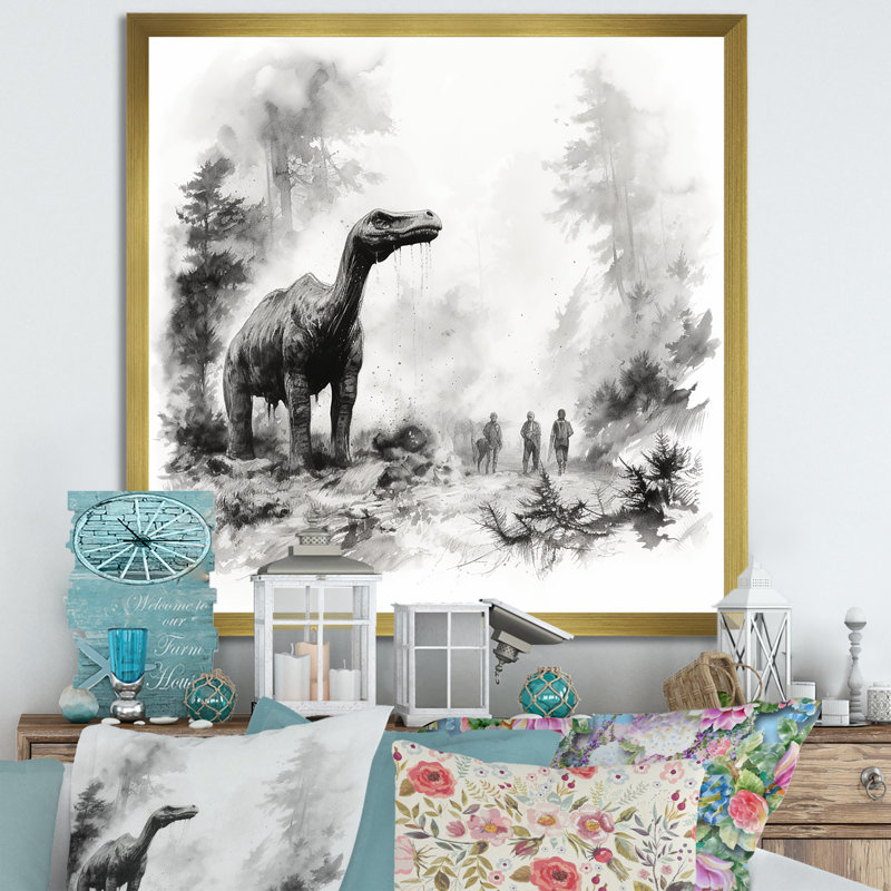 Impressionniste paysage mésozoïque pré historique - art de mur de dinosaure, Cadre doré simple, H 16 po x l 16 po x P 1 po