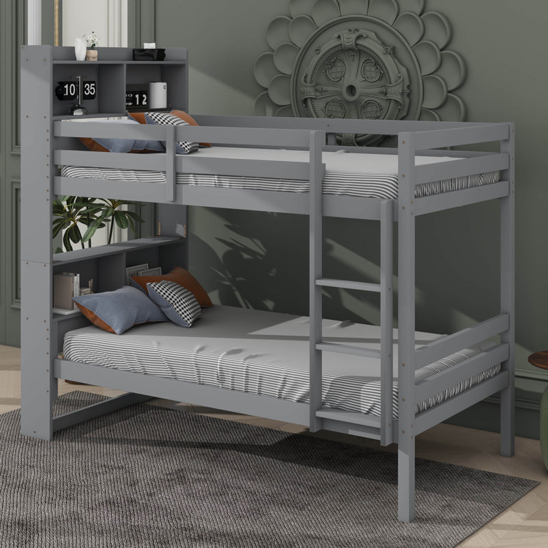 Rubber Wood Twin/Twin Bunk Bed With Bookshelf-Integrated Headboard, Adjustable Bunk Configuration, Grey