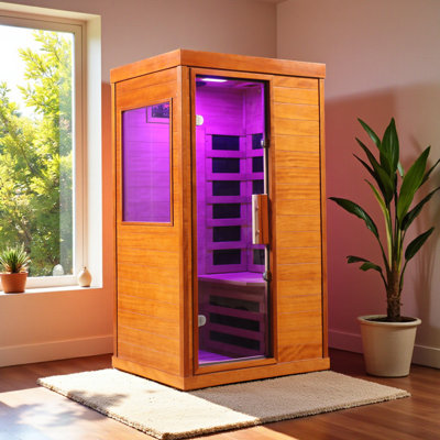 KISRAIS Upgraded Indoor Sauna Single Person Low EMF Far Infrared Sauna with Reading Light, Chromotherapy Light, Bluetooth Speakers, Made from Okoume, Left Side Door