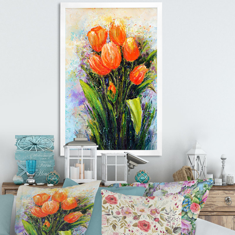 «Abstract Orange Tulips Flowers», reproduction d'art sur toile traditionnelle, Cadre photo blanc, H 36 po x l 24 po x P 1 po