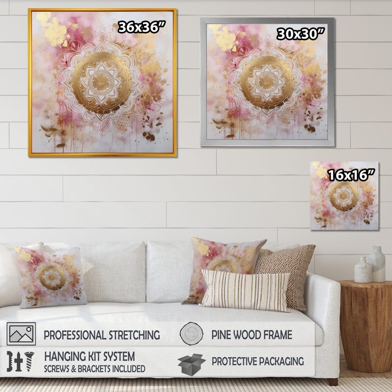 Mandala III or rose sur toile, Cadre d'angle fermé noir, H 24 po x l 24 po x P 1 po