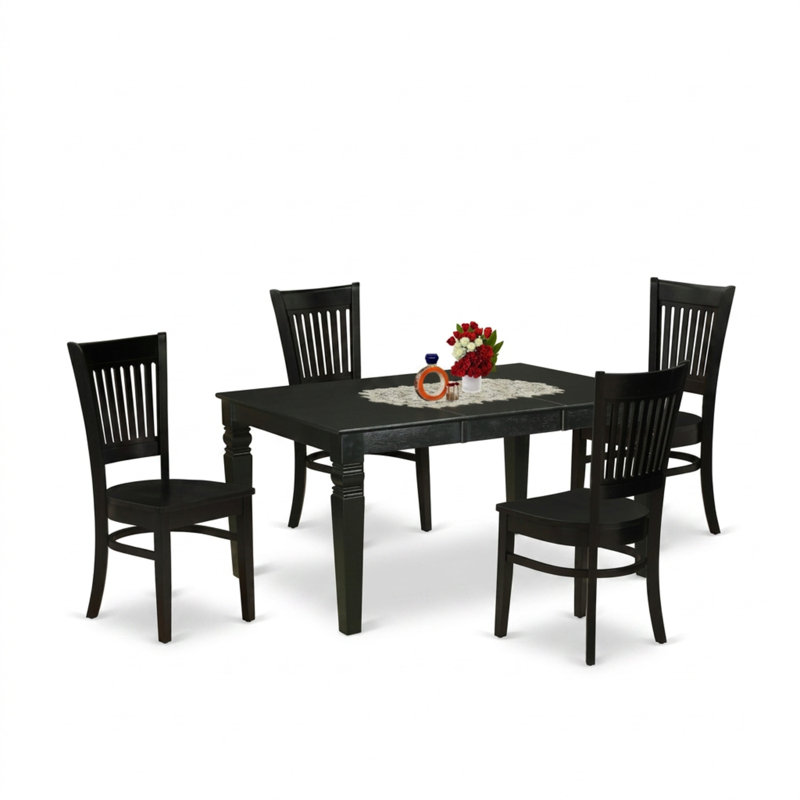 Ensemble de salle à manger rectangulaire 5 pièces en bois noir avec table, 4 chaises et rallonge papillon