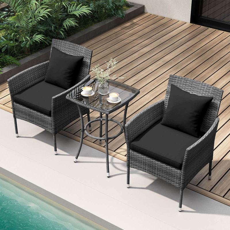 3 Pcs Patio Furniture Set With Cushioned Patio Chairs & Tempered Glass Coffee Table Black