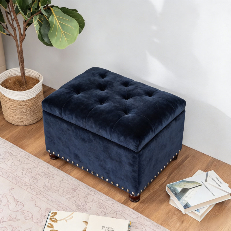 Devault 24" Wide Fabric Tufted Rectangle Storage Ottoman, Dark Blue