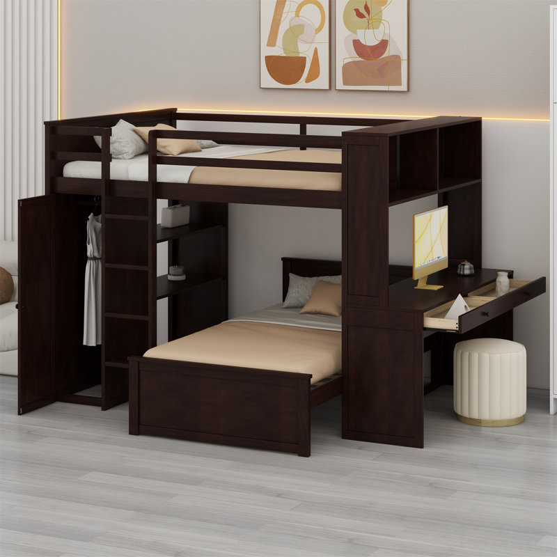 Lit mezzanine avec lit autonome, tablettes, bureau et garde-robe, Espresso