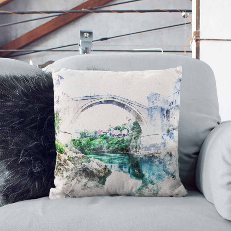 Stari Most Old Bridge Cushion with Filling, 40cm H x 40cm W x 15cm D, White
