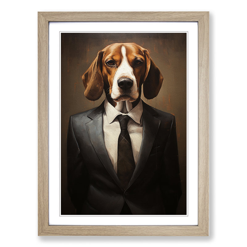 Beagle In A Suit - Single Picture Frame Print on Wood, Oak Framed, 46cm H x 34cm W x 2cm D