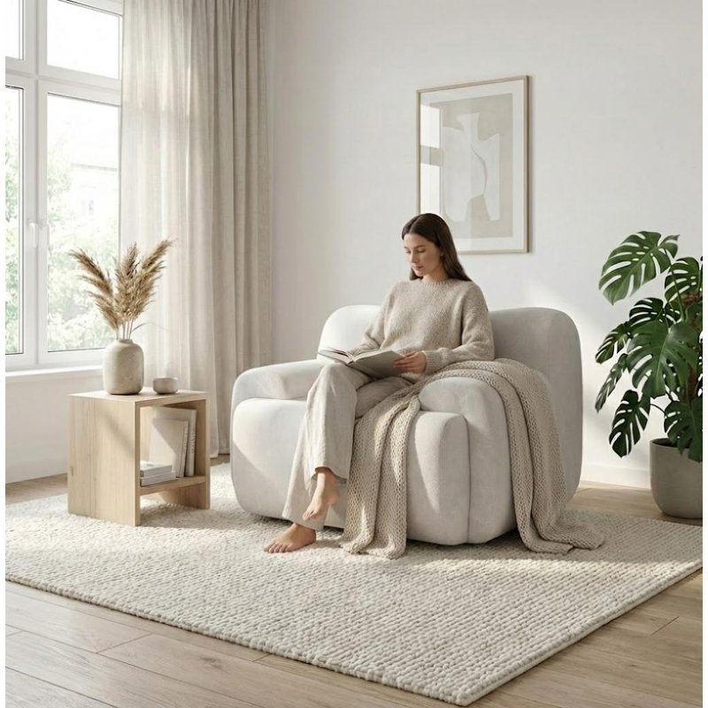 Compression Modern Plush Upholstered Accent Lounge Chair with Curved Arm Deep Cushioned Seat, White