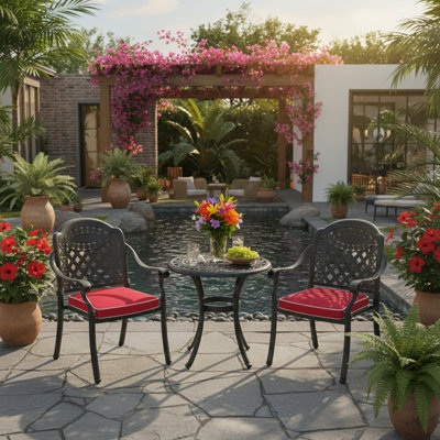 3-Piece Cast Aluminum Patio Set with Black Frame and Comfortable Seat Cushions for Elegant Outdoor Dining