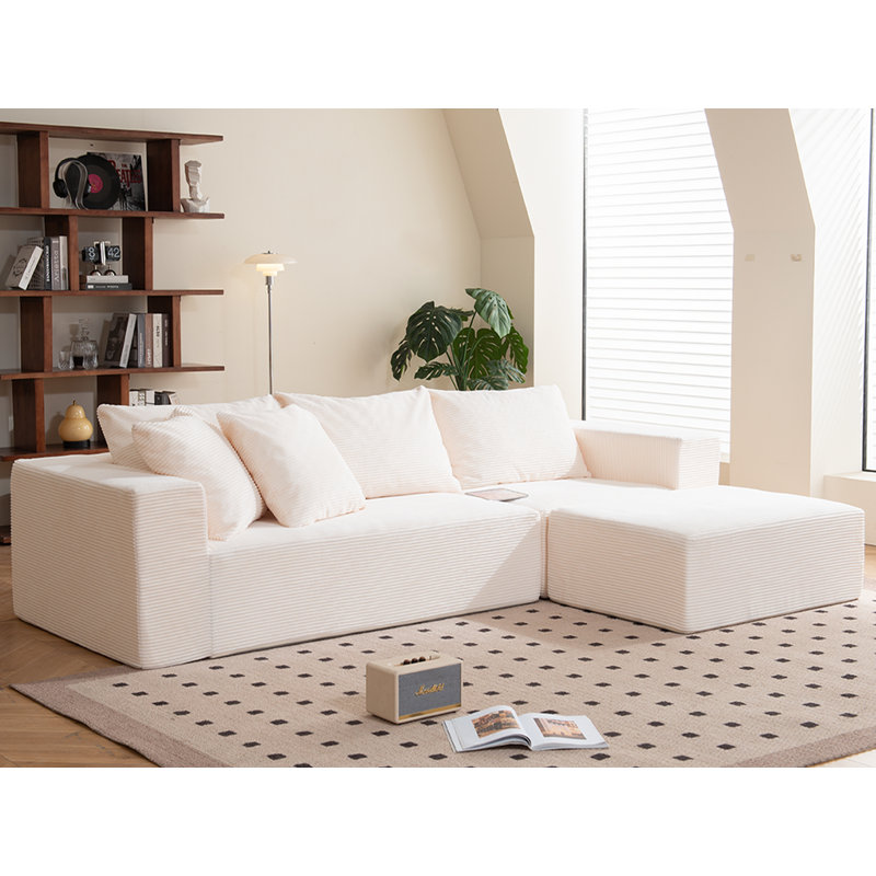 Canapé modulaire Boneless de 108 po avec méridienne en forme de L et sans assemblage requis, Velours côtelé beige