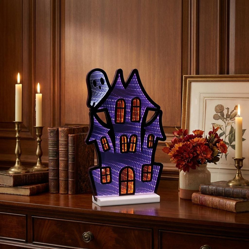 Enseigne de table fantôme d'Halloween 16 po noir orange et mauve avec DEL
