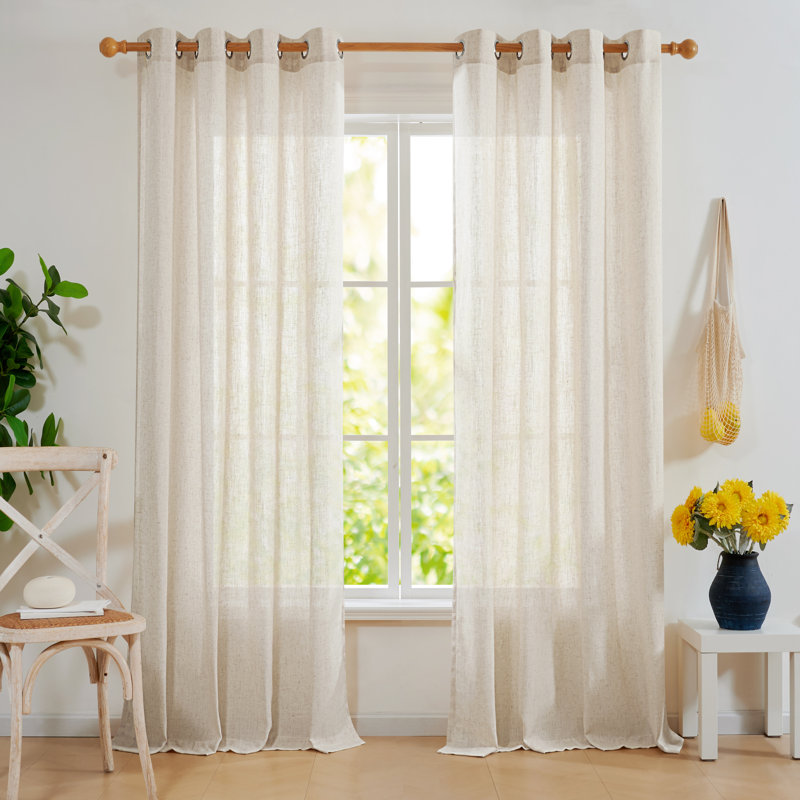 Farmhouse Boho Faux Linen Semi Sheer Textured Curtains (Set of 2), 52" W x 108" L, Flaxen