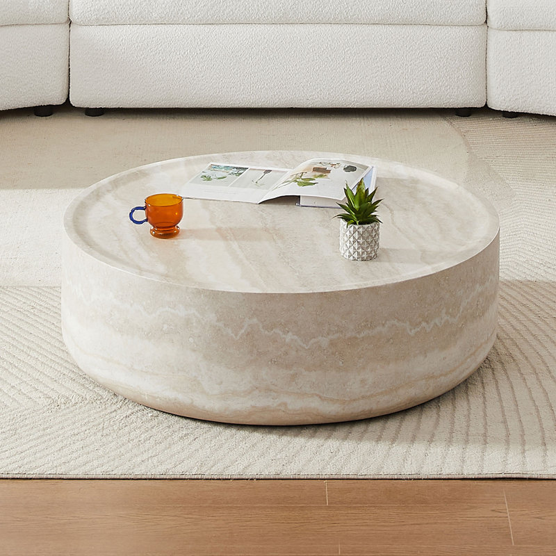 39.37" Round Faux Marble Coffee Table - Fully Assembled, Modern Fiberglass Pedestal Base, 12" H x 39.37" L x 39.37" W